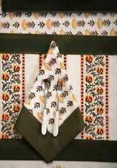 Hand Block Print Olive Grace Table Cover and Placemat & Napkin Set